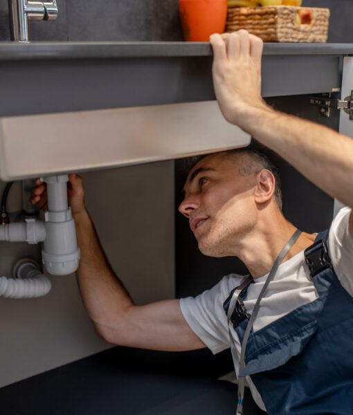 Plumber, repair. Experienced attentive middle-aged man carefully examining bottom of kitchen sink touching pipe with his hand diagnosing problem